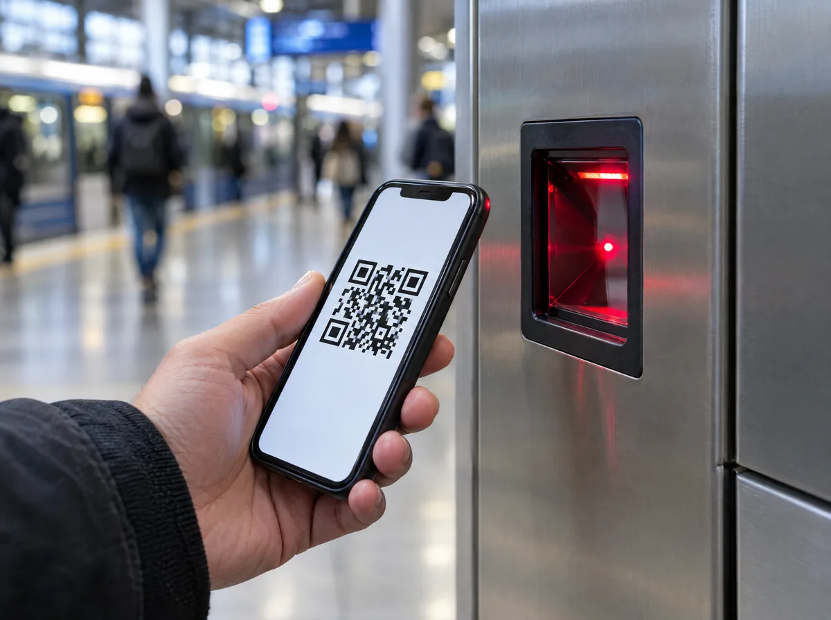 車站自助機台上的讀碼窗口,旅客把手機上的 QR Code 對準