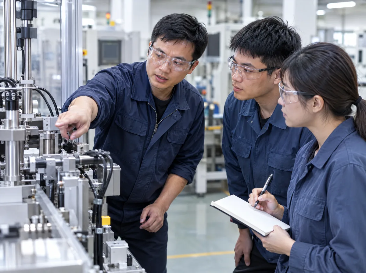 台灣工廠裡,現場服務工程師向兩位操作人員說明新安裝設備的機構,其中一人在做筆記