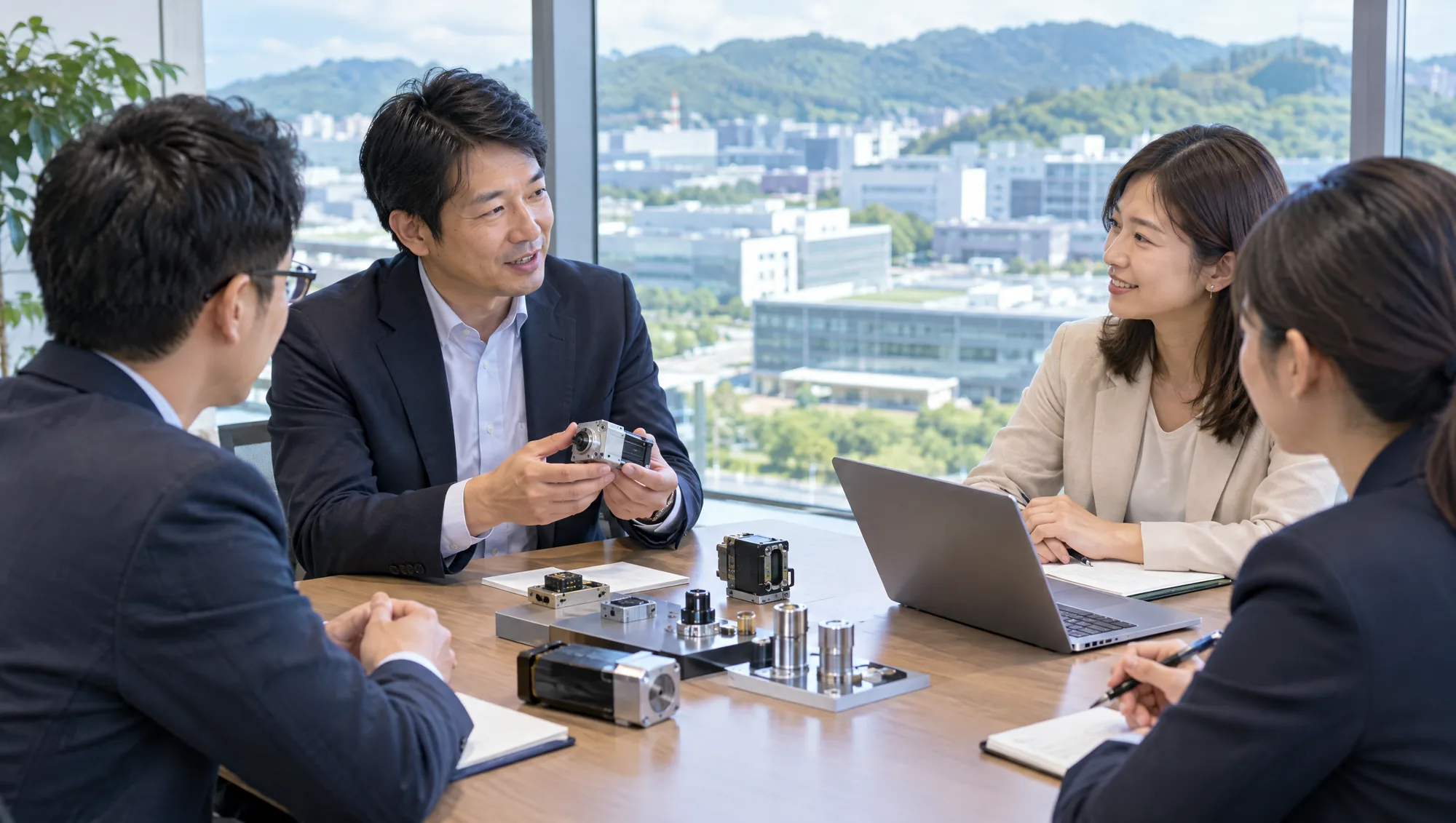 新竹的辦公室裡,日本設備原廠代表與台灣代理商人員圍著產品樣品討論合作,窗外是科學園區