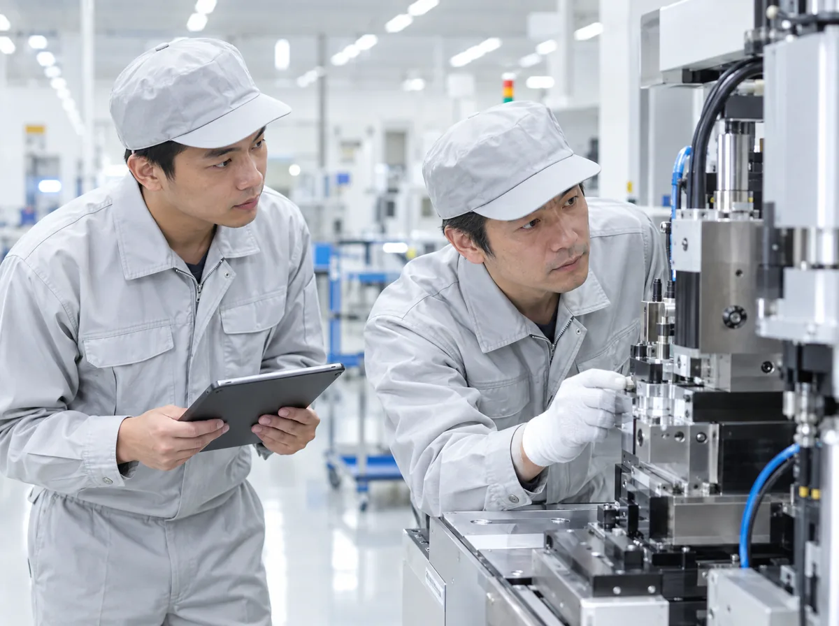 日本工廠的生產線上，台灣服務工程師與日本維修工程師一起檢查剛交貨的精密設備
