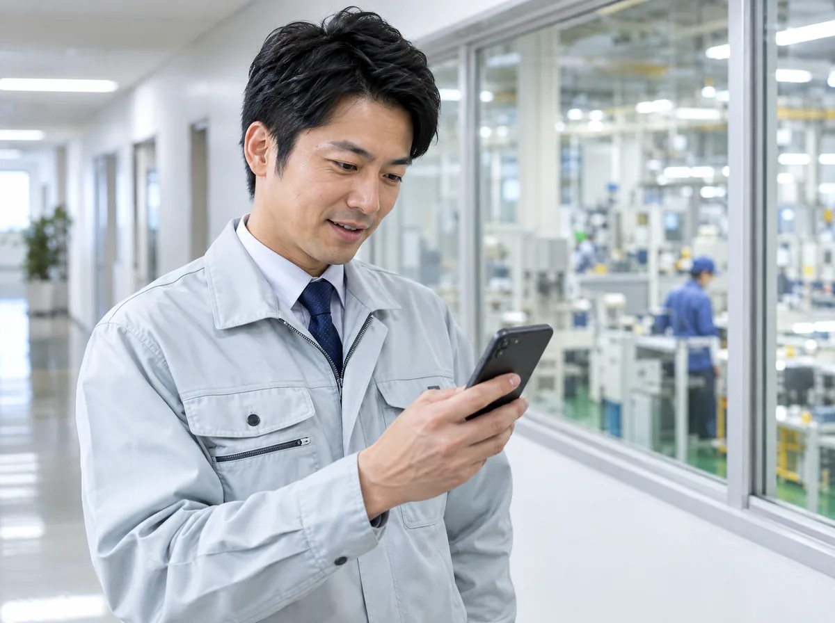 日本工廠辦公室走廊上，穿工作服的工程主管拿著手機閱讀訊息