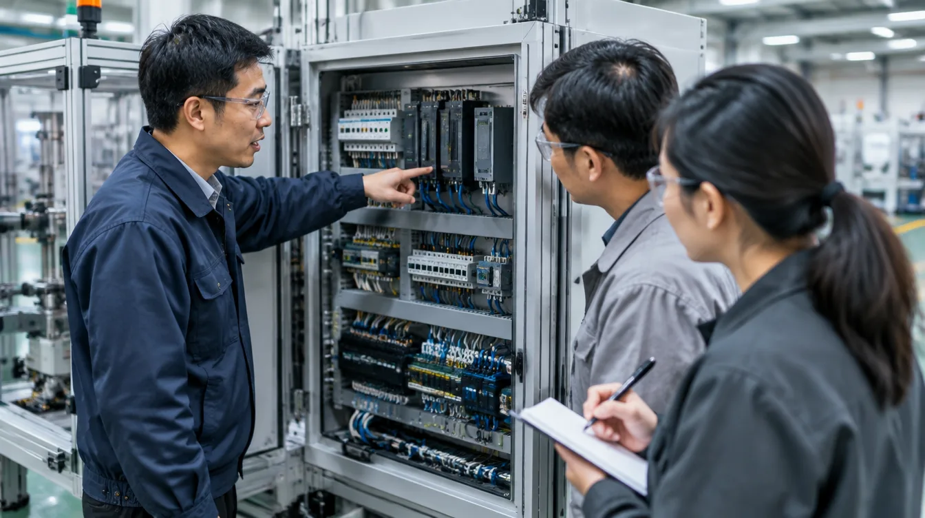 工廠裡，業務工程師打開電控櫃向客戶的工程師說明設備，旁邊的人在筆記本上記錄