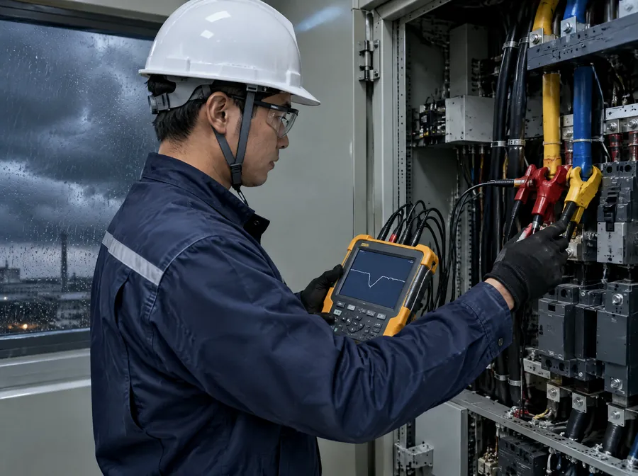 戴安全帽的廠務工程師在雷雨天,用手持電力品質分析儀量測配電盤,螢幕顯示一段電壓驟降波形