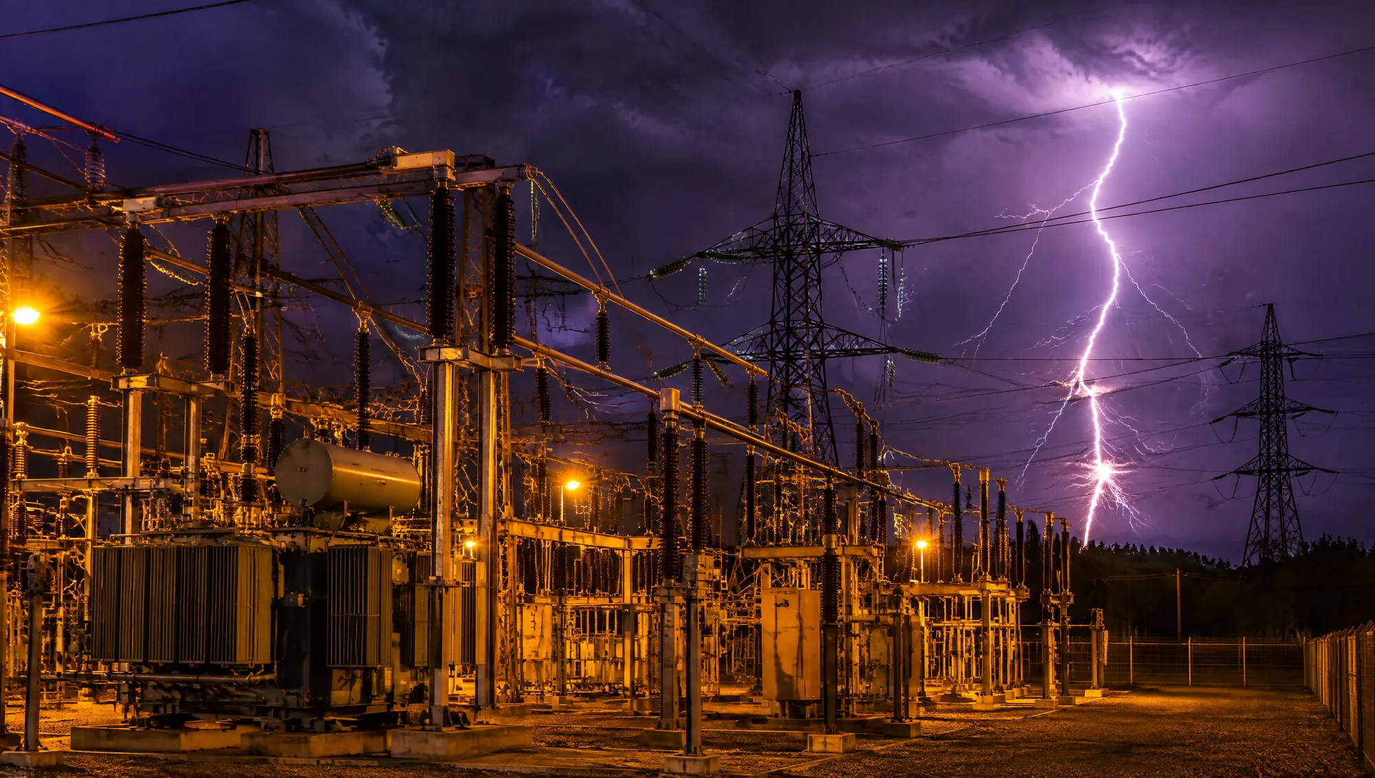 雷雨夜的變電所,閃電擊中遠處的高壓輸電線